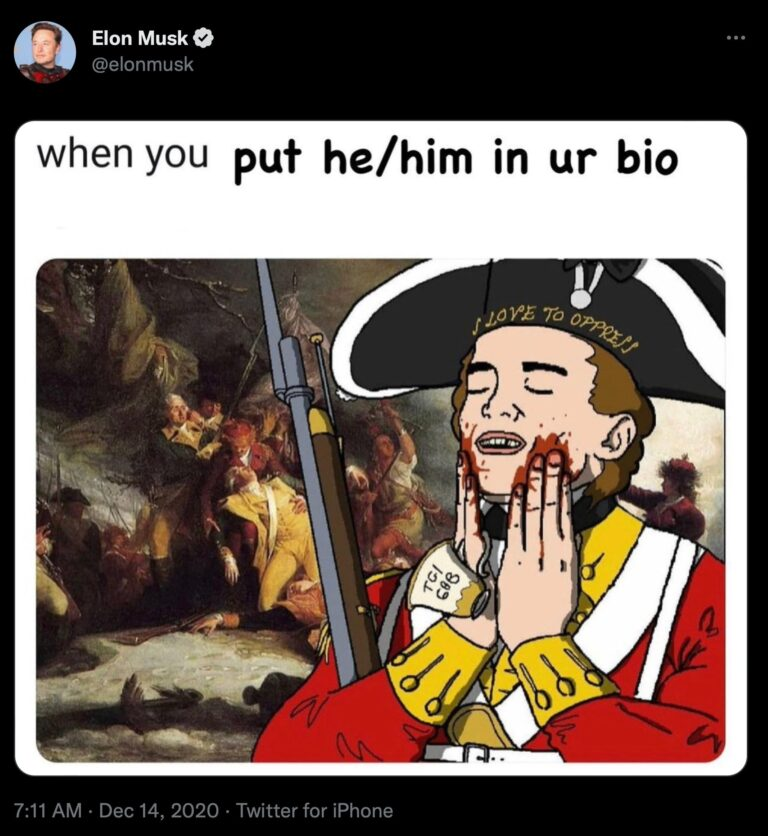 A tweet from Elon where he shared a meme of a seemingly British soldier with a musket rubbing what appears to be blood on his face. He's wearing a hat that says "I love to oppress" and the caption is "when you put he/him in ur bio"