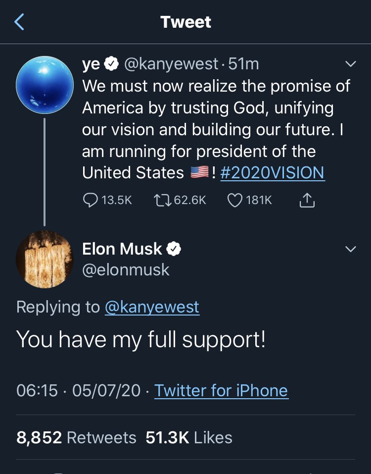 Elon tweeting his support for Kanye West to run for president in 2020.