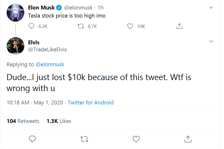 Elon tweets: "Tesla stock price is too high imo" and @tradelikeelvis responds "Dude...I just lost $10k because of this tweet. Wtf is wrong with u"