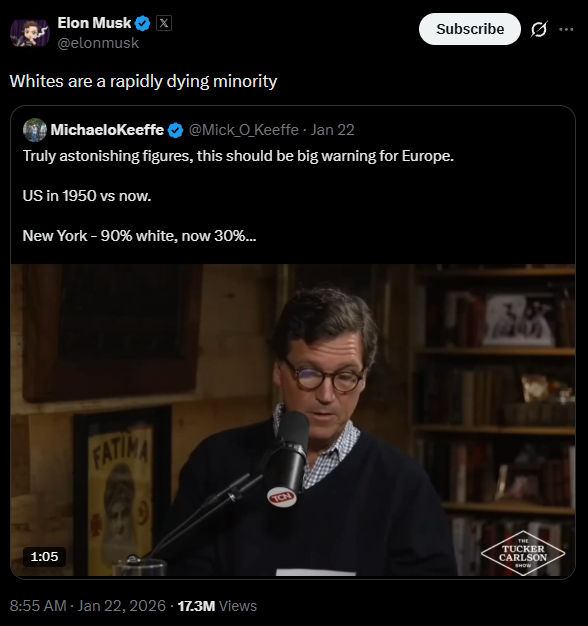 Elon tweeting: "Whites are a rapidly dying minority"