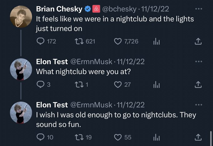 Elon's alt Twitter account asking "What nightclub were you at?" and "I wish I was old enough to go to nightclubs. They sound so fun."