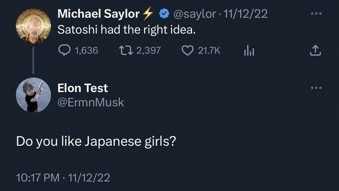 Elon's alternative Twitter account asking an entrepreneur "Do you like Japanese girls?"