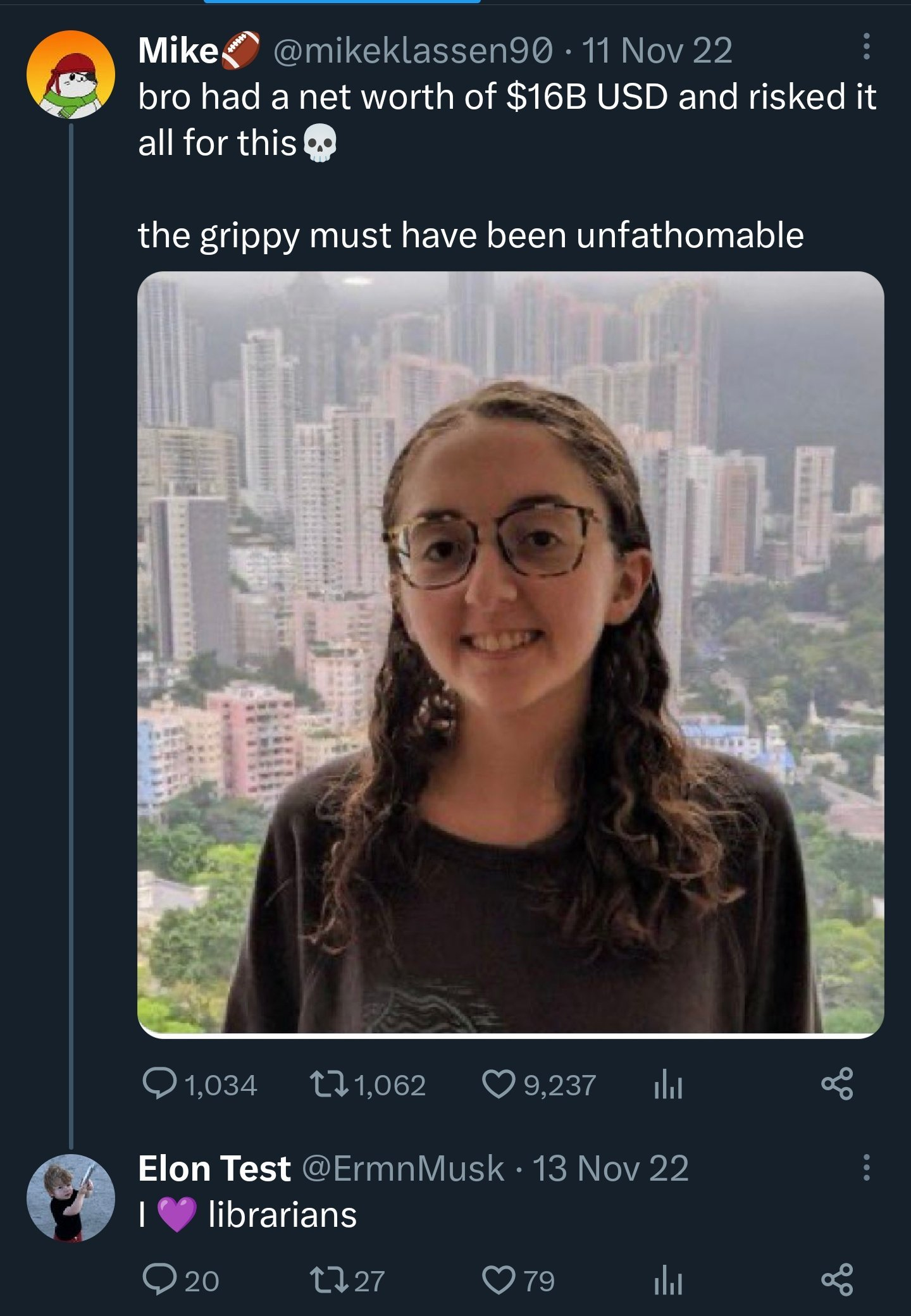 Elon's alt account commenting on a misogynistic post saying "I heart librarians."