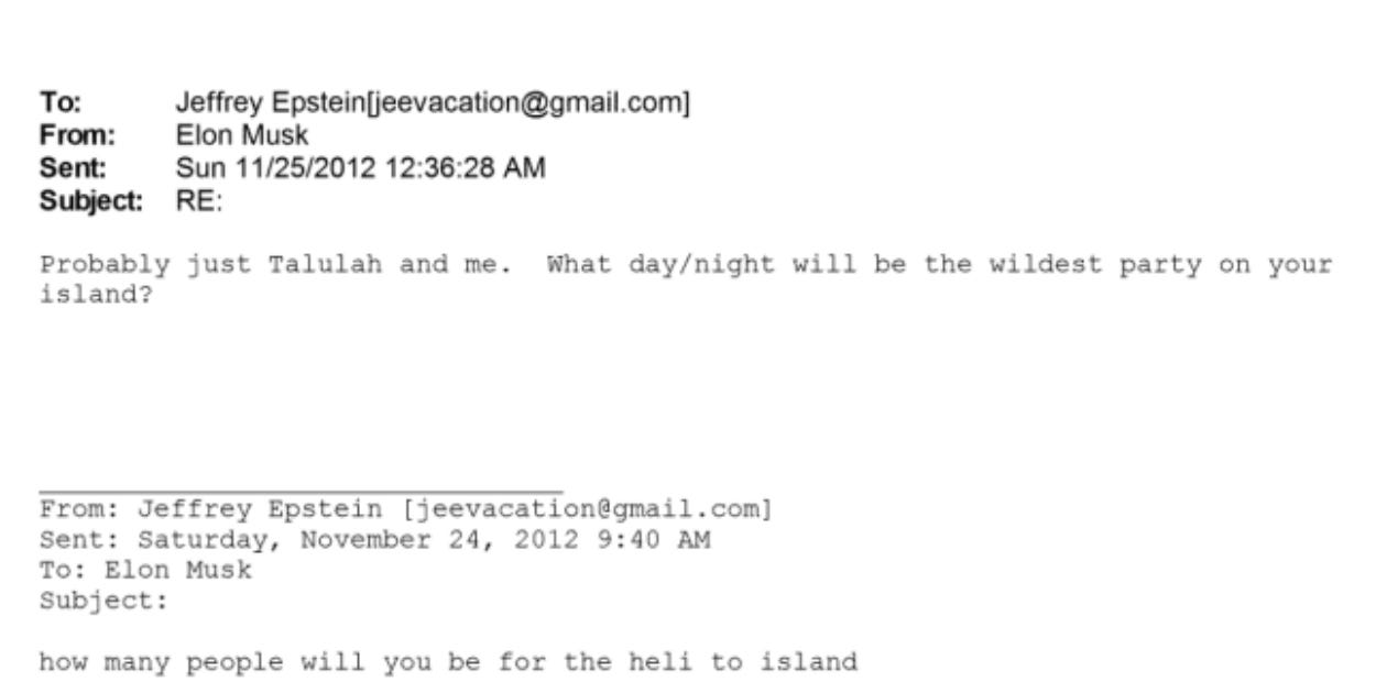 A screenshot from the Epstein files where Elon asks Jeffrey Epstein "What day/night will be the wildest party on your island?"