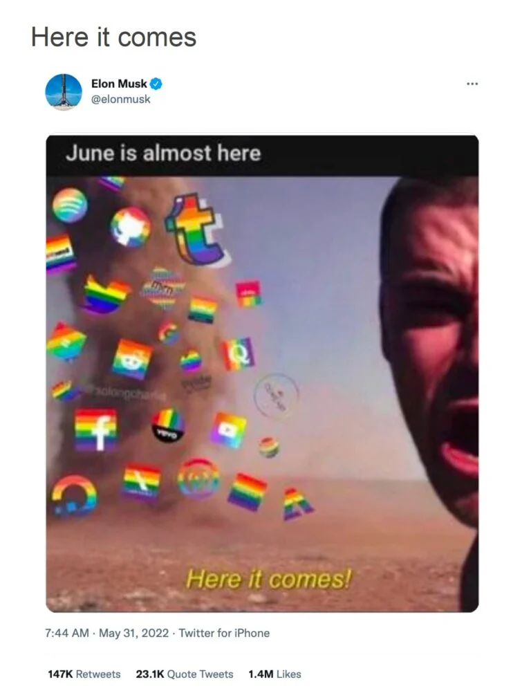 Elon Musk sharing a meme depicting a dust storm blowing rainbow-colored social media icons with a panicked face. The text on the meme says "June is almost here" and "Here it comes!"