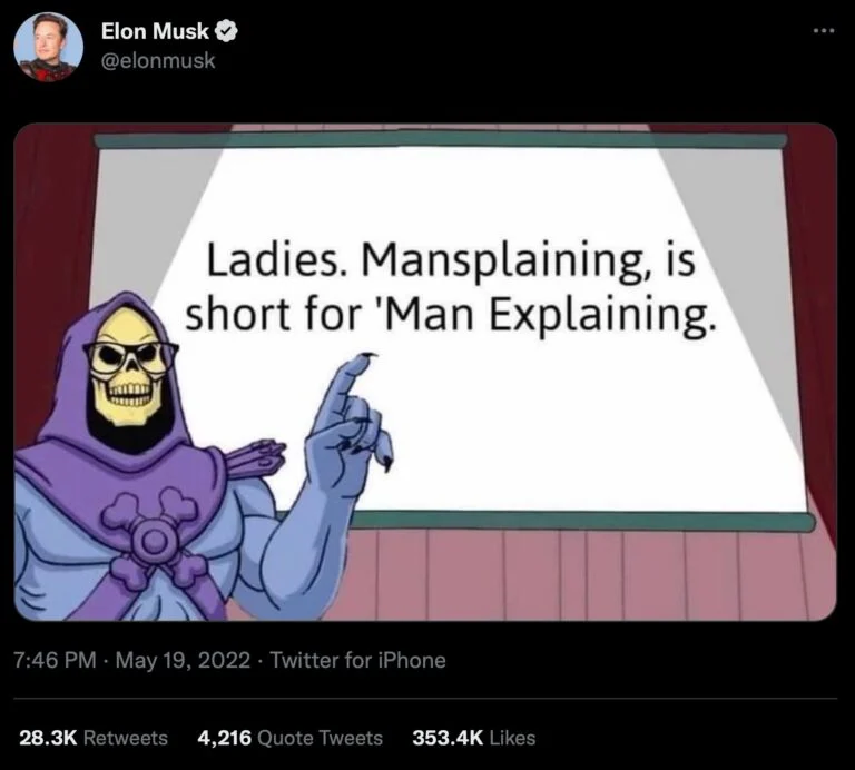 Elon tweeting a meme of Skeletor pointing at a projection screen that says "Ladies. Mansplaining, is short for 'Man Explaining."